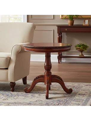 Mesa Lateral Redonda de Madera Caoba con Bordes Trenzados