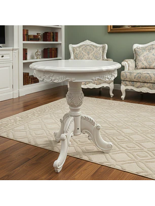 Mesa Lateral Redonda de Madera Tallada Blanca Estilo Clásico 70x60