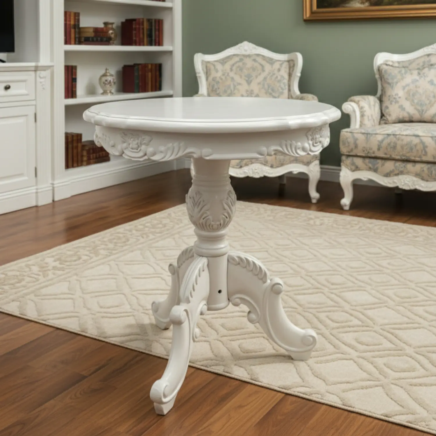 Mesa Lateral Redonda de Madera Tallada Blanca Estilo Clásico 70x60 1