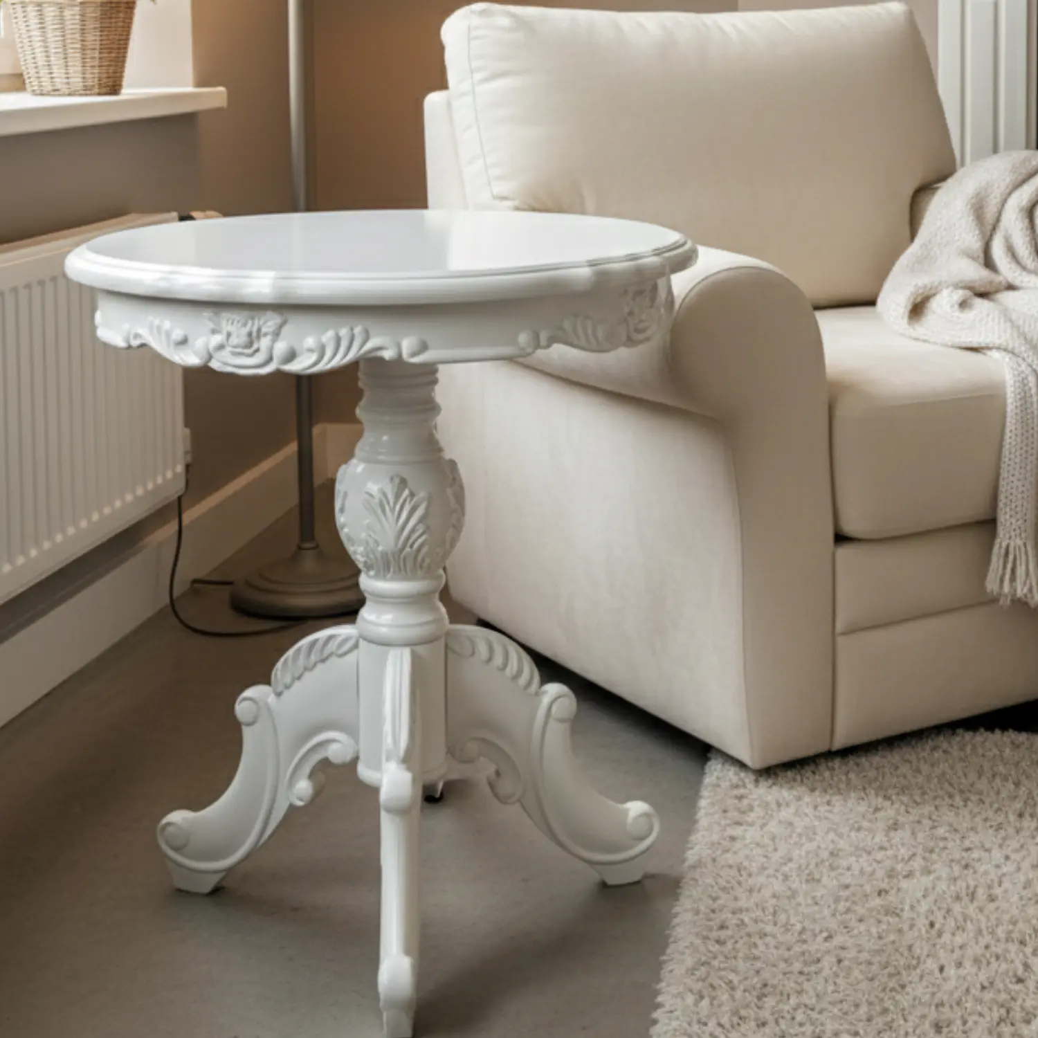 Mesa Lateral Redonda de Madera Tallada Blanca Estilo Clásico 70x60 2