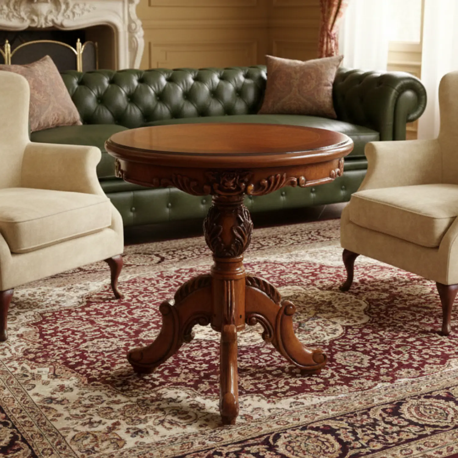 Mesa de Centro Redonda de Madera Caoba Tallada 70x60 1