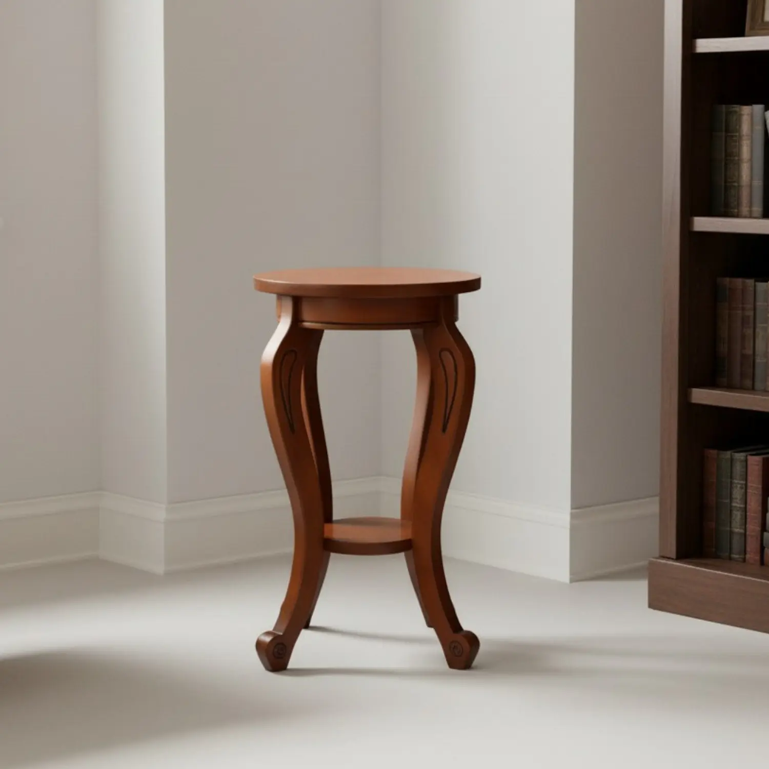 Mesa Lateral Redonda de Madera Color Caoba 2 Niveles 1