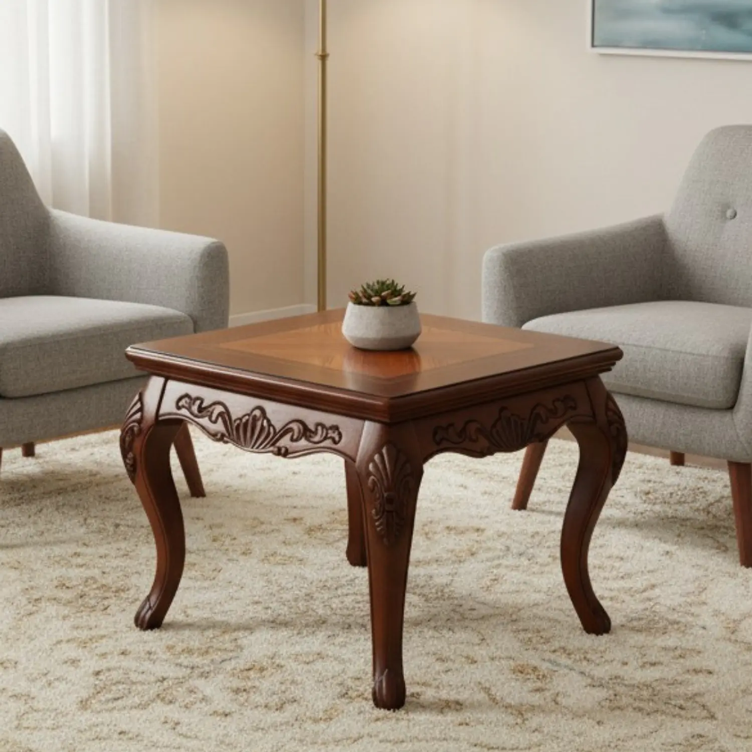 Mesa de Centro Cuadrada de Madera Tallada Color Caoba Clásica Victoriana  1