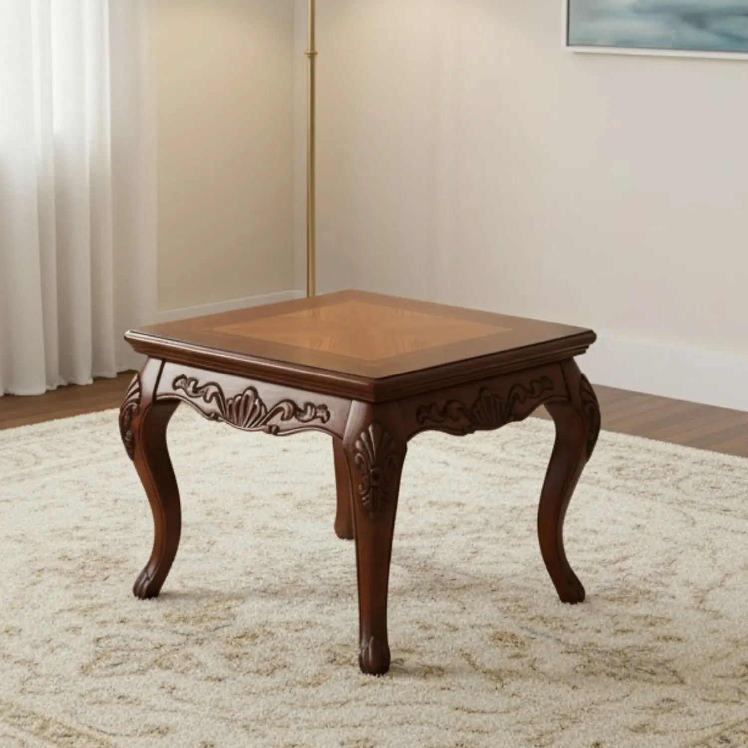 Mesa de Centro Cuadrada de Madera Tallada Color Caoba Clásica Victoriana  2