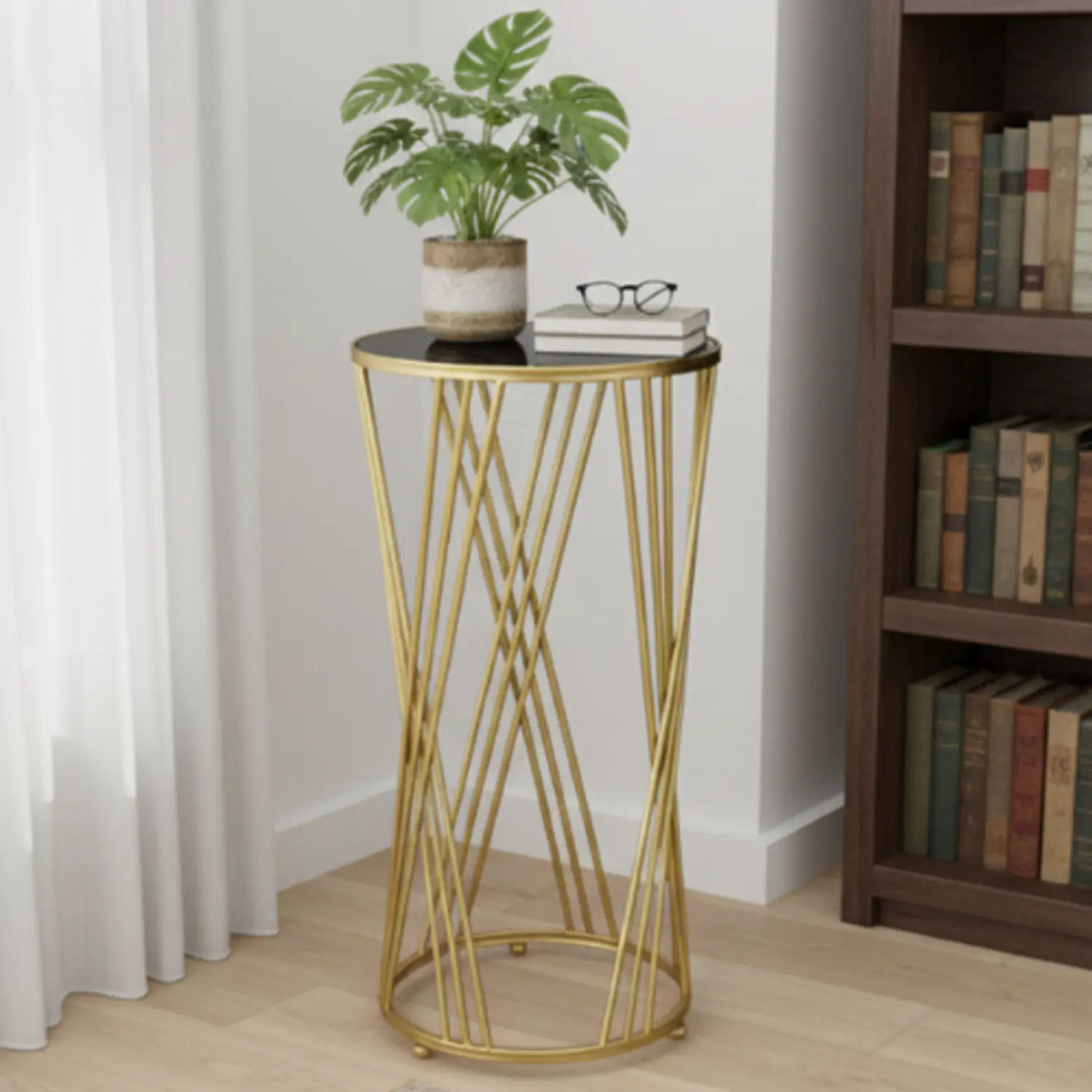 Mesa Lateral Redonda Dorada con Cubierta Negra 1