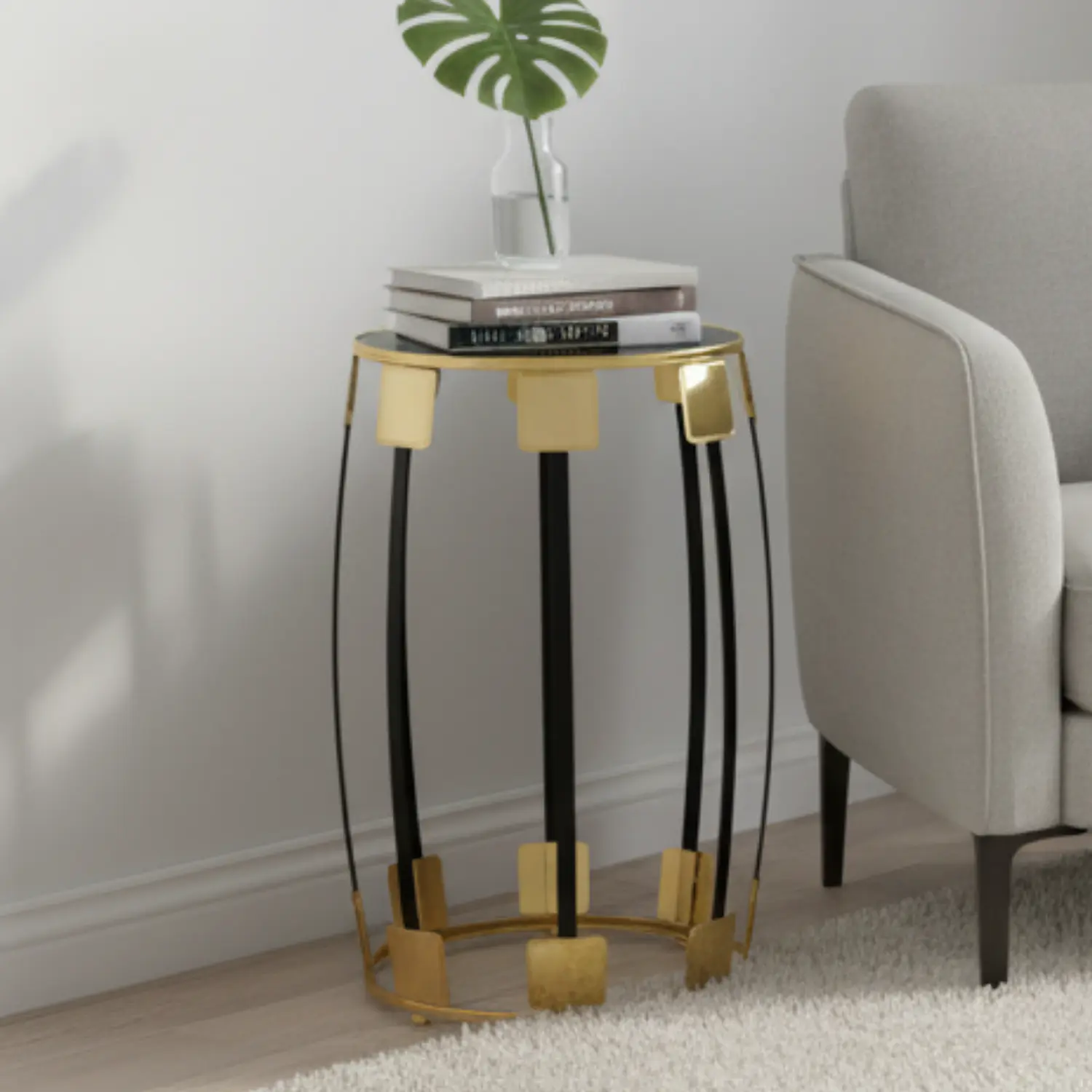 Mesa Lateral Redonda Acrílico Negra con Base Dorada 1