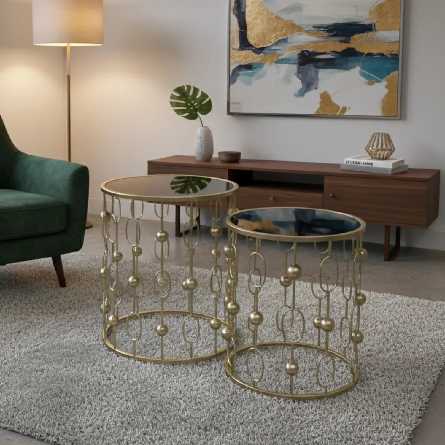 Set 2 Mesas Laterales Redondas Cristal Negro y Estructura Dorada 1