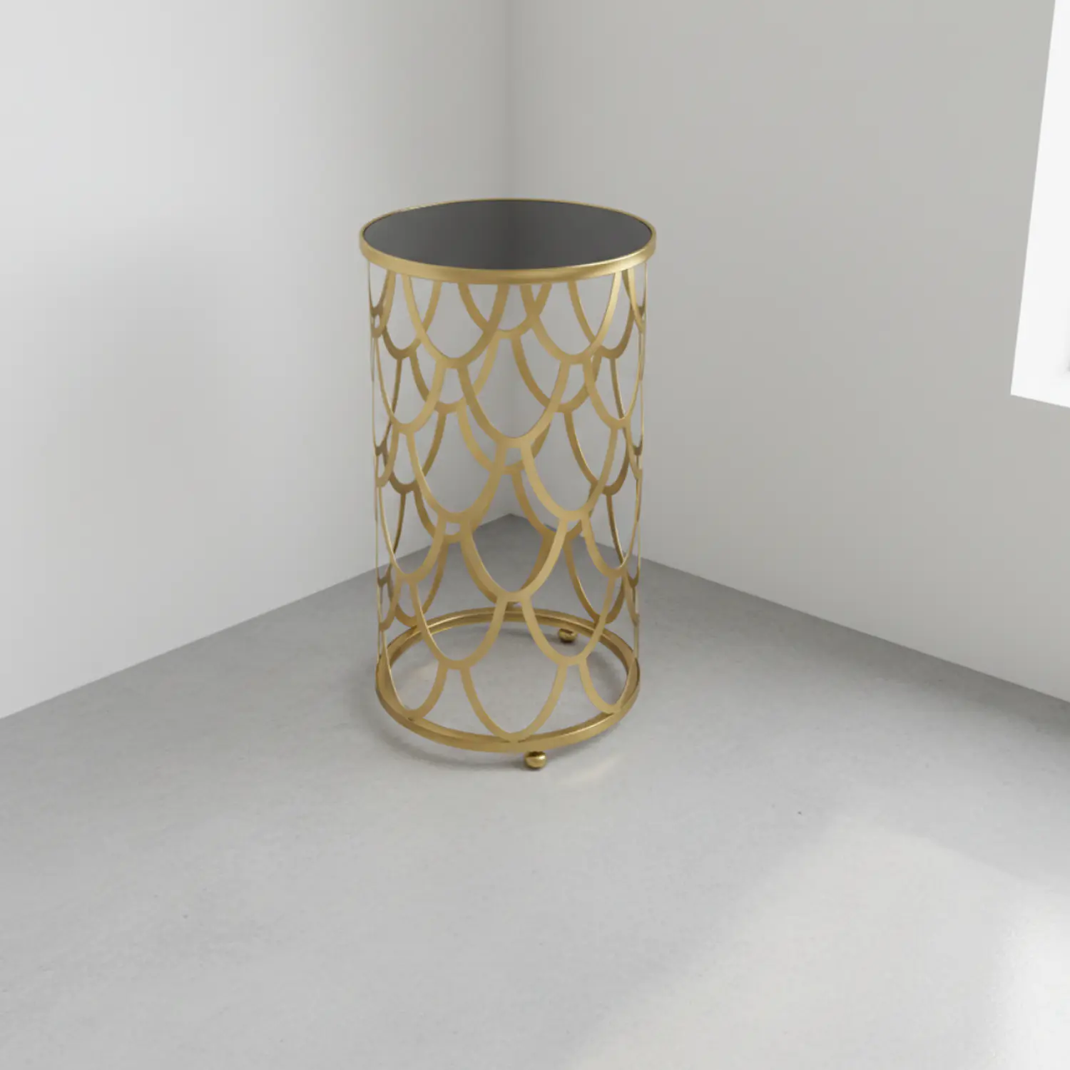 Mesa Lateral Redonda Dorada Hojuela Metálica con Cubierta Negra 3