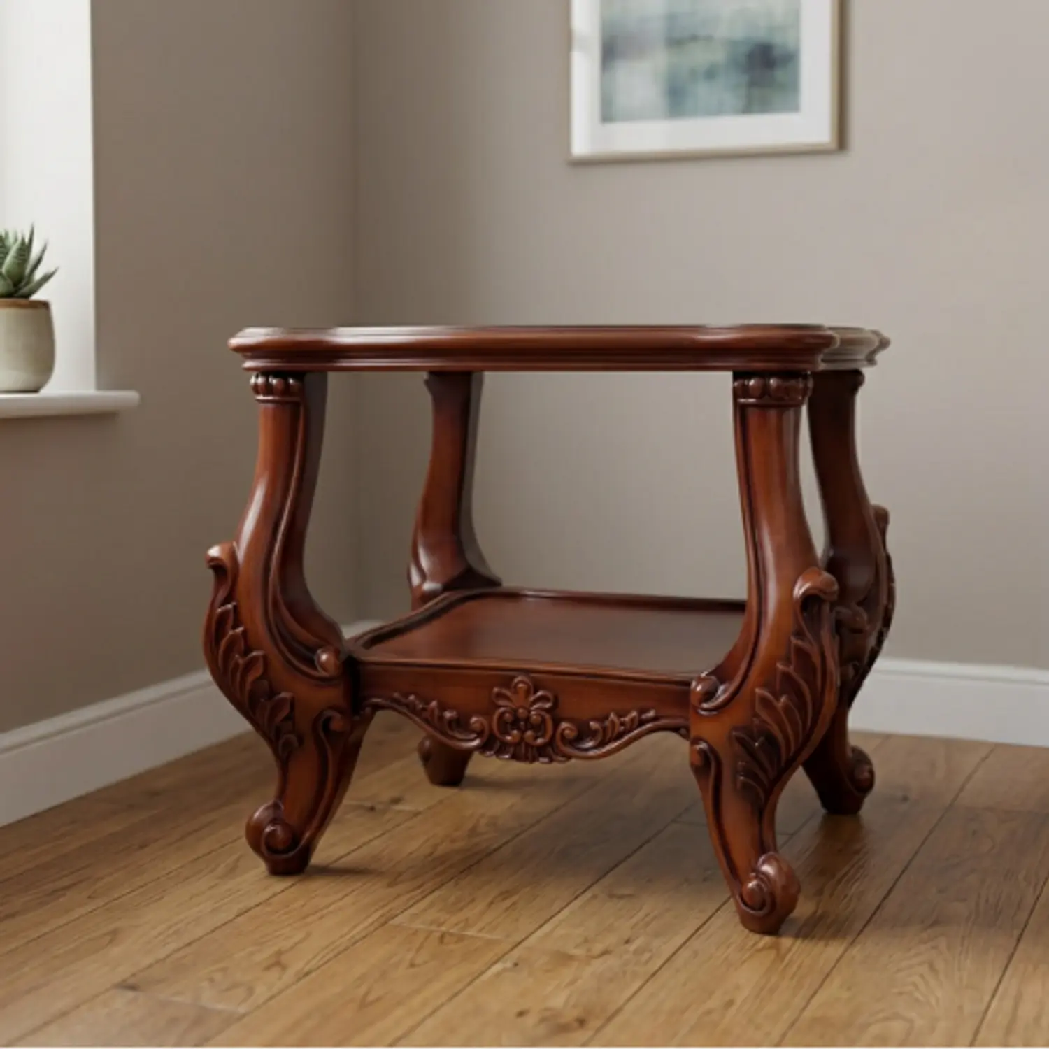 Mesa de Centro Cuadrada de Madera Tallada con Doble Estante Clásica 2