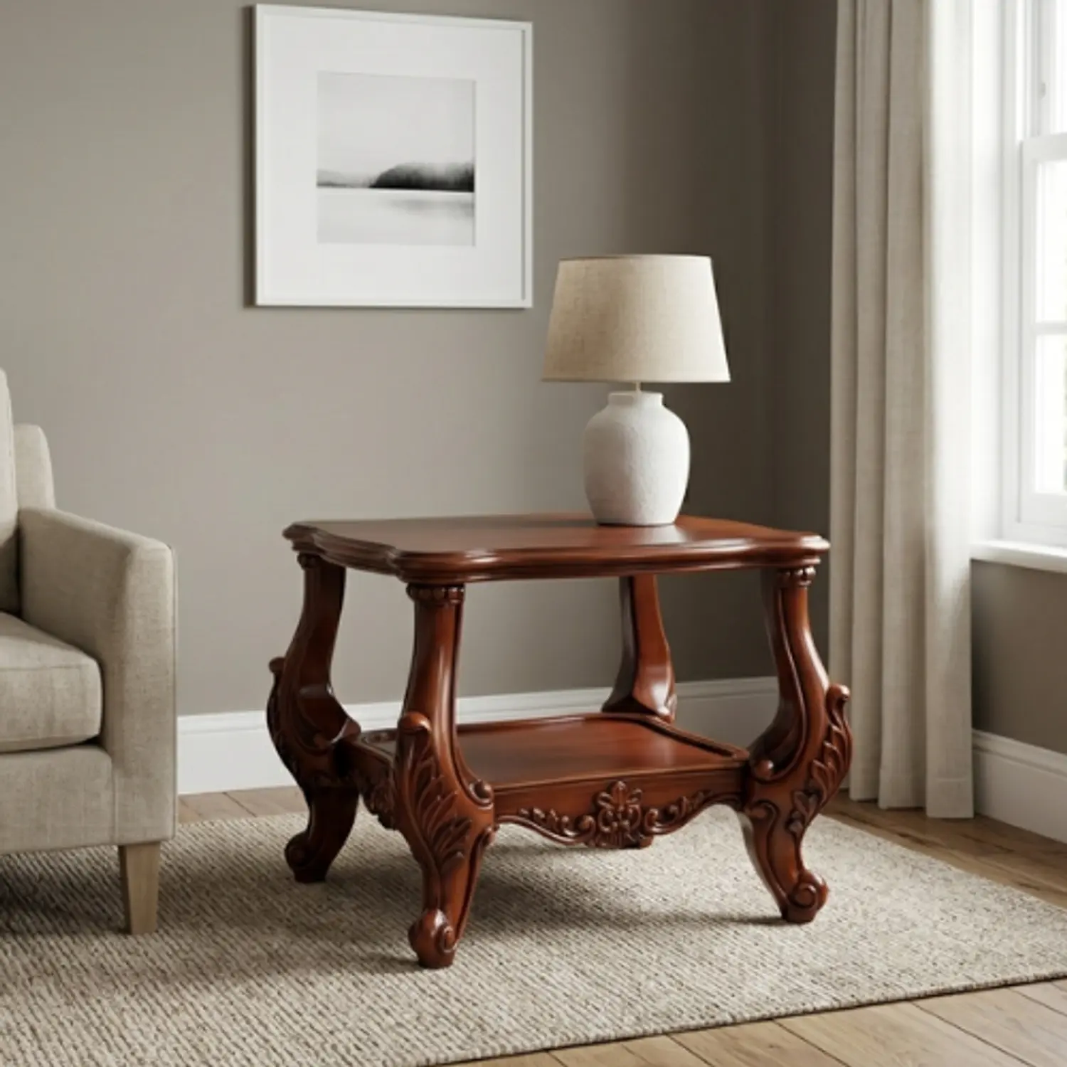 Mesa de Centro Cuadrada de Madera Tallada con Doble Estante Clásica 1