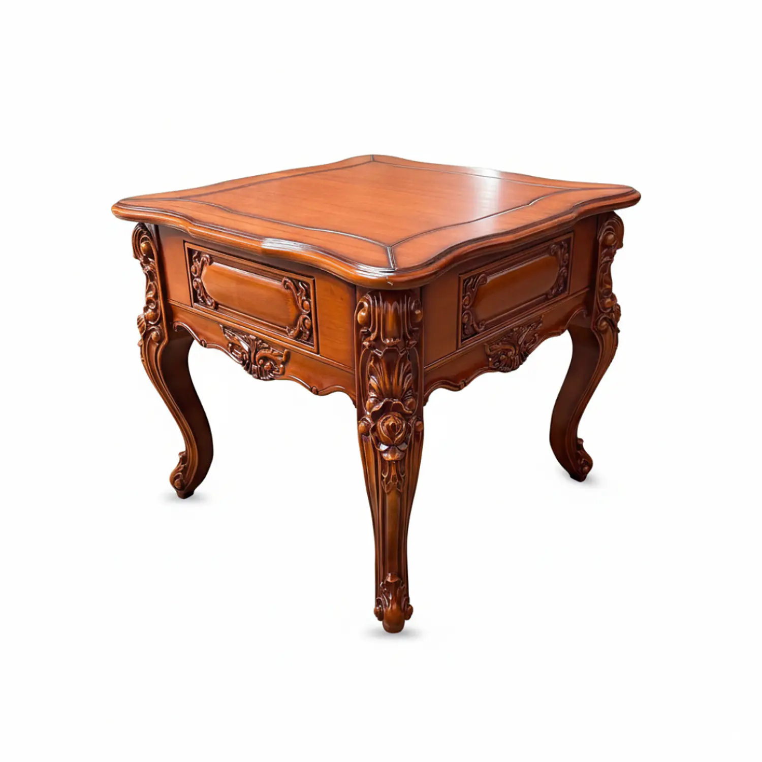 Mesa Lateral Cuadrada de Madera Tallada Clásica con Cajón Decorativo 2