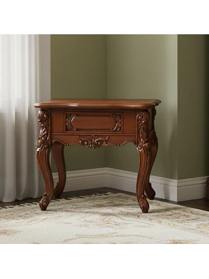 Mesa Lateral Cuadrada de Madera Tallada Clásica con Cajón Decorativo