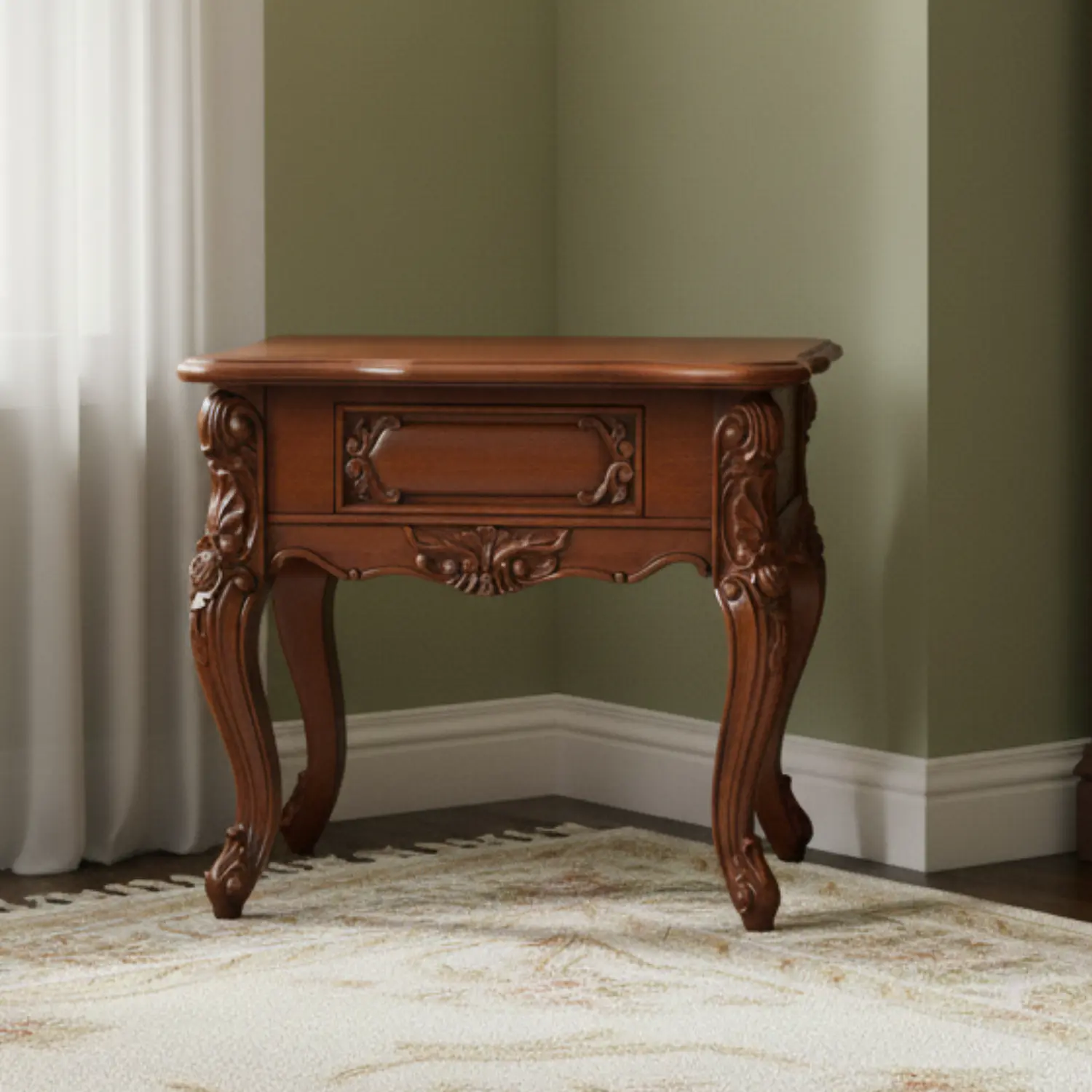 Mesa Lateral Cuadrada de Madera Tallada Clásica con Cajón Decorativo 1