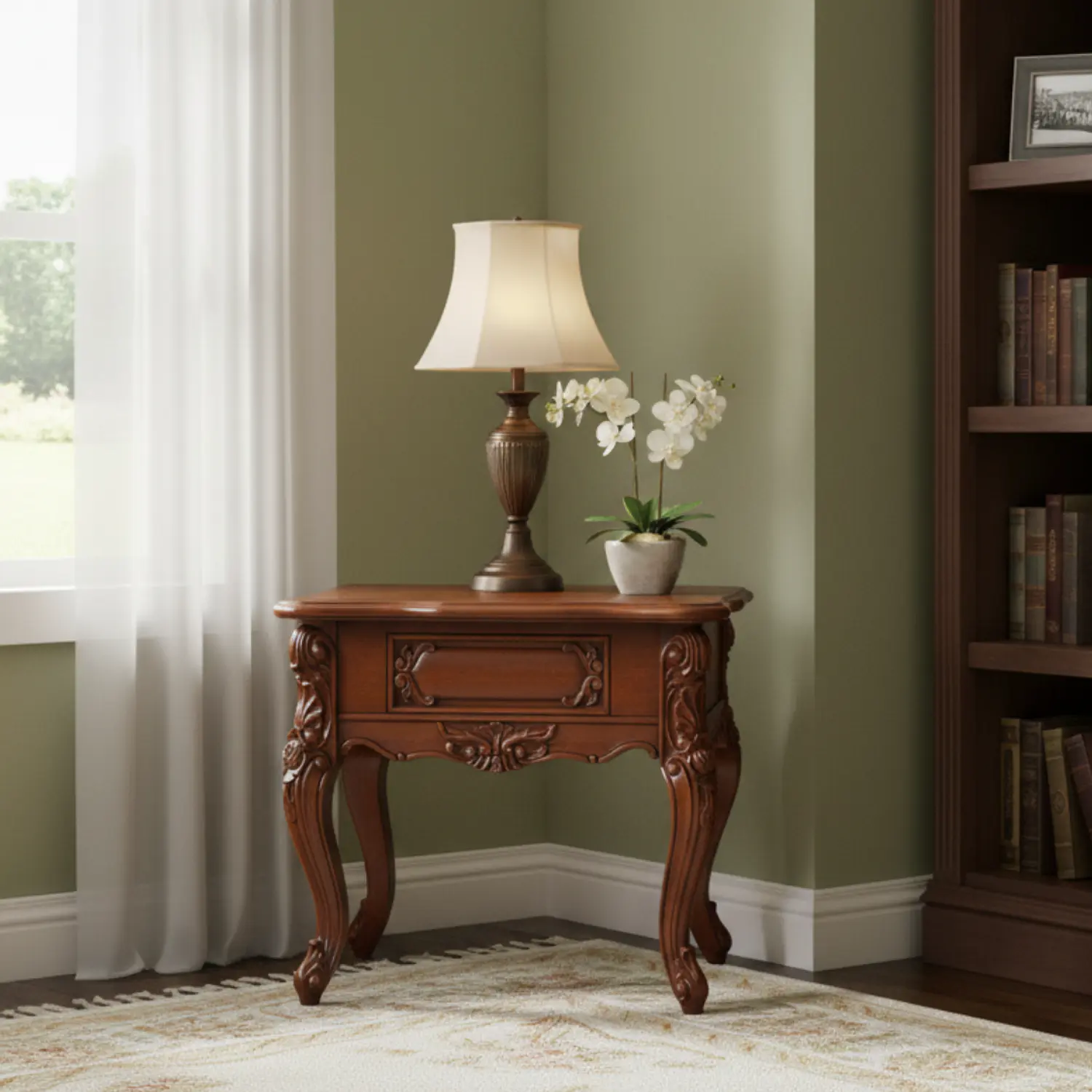 Mesa Lateral Cuadrada de Madera Tallada Clásica con Cajón Decorativo 3