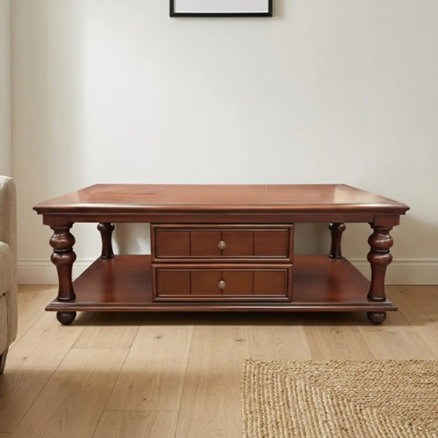 Mesa de Centro Clásica de Madera con Cajones y Estante Inferior 1