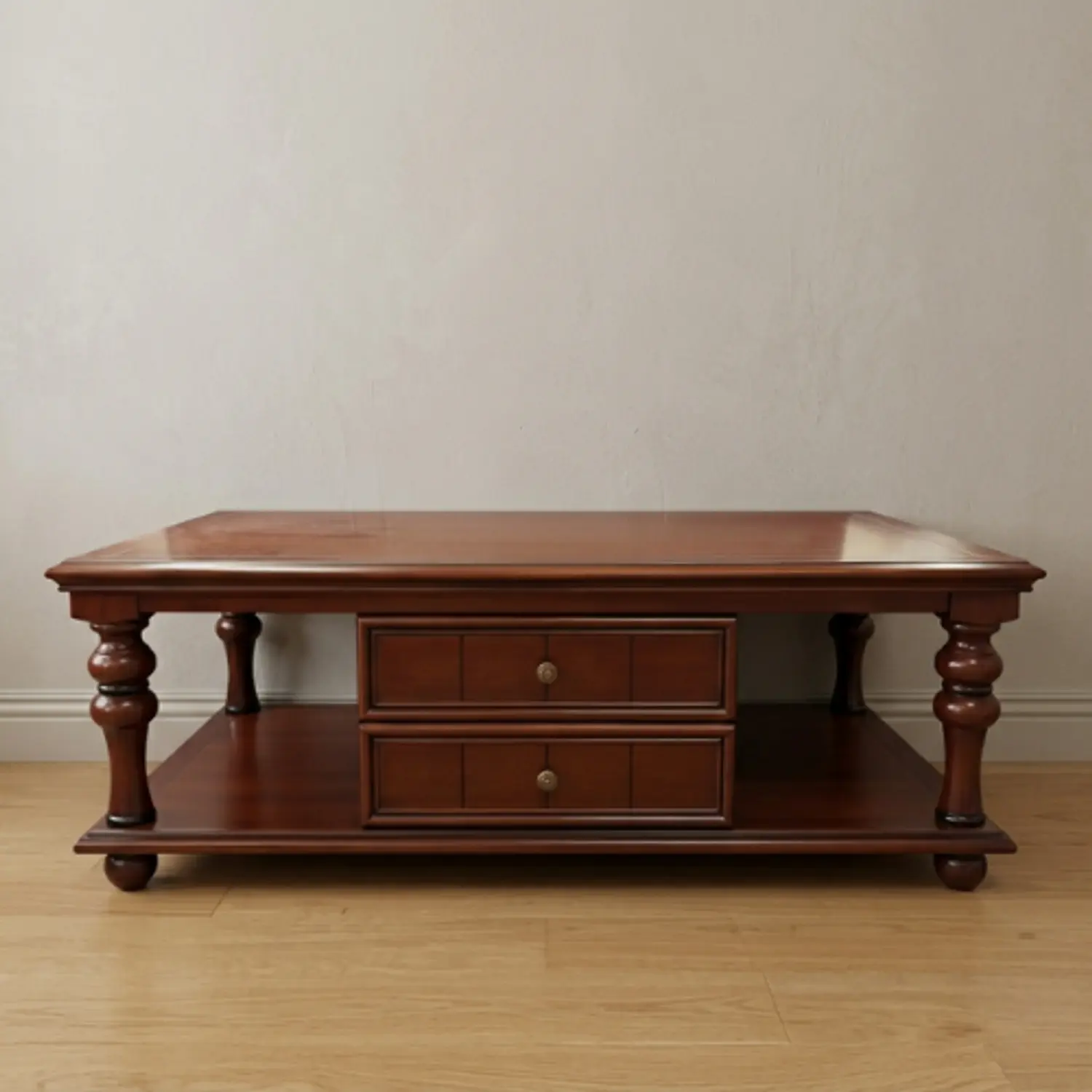 Mesa de Centro Clásica de Madera con Cajones y Estante Inferior 2