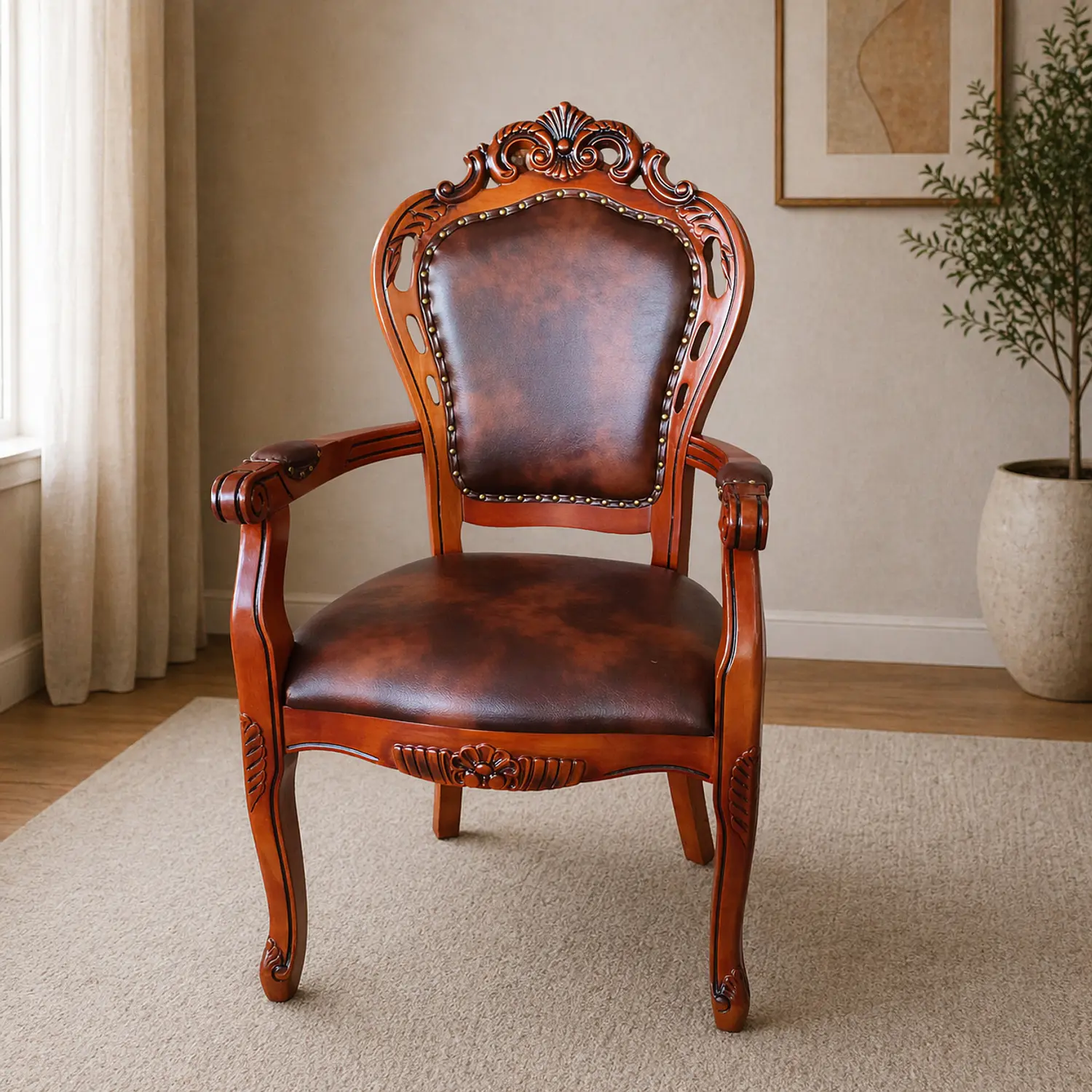 Sitial Clásico de Madera Tallada con Eco Cuero 1