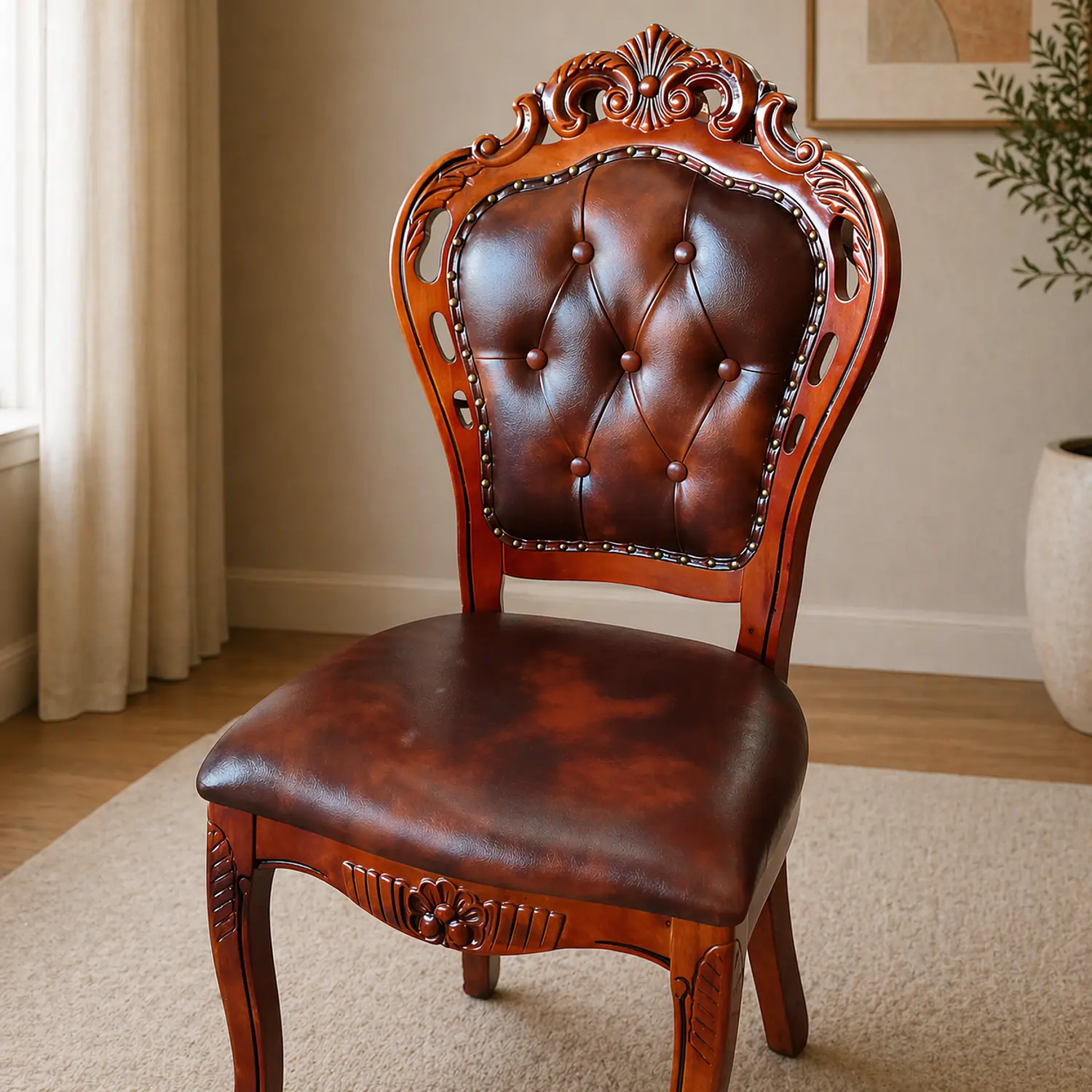 Silla Clásica de Madera Tallada con Tapizado Capitone en Cuero Marrón 3