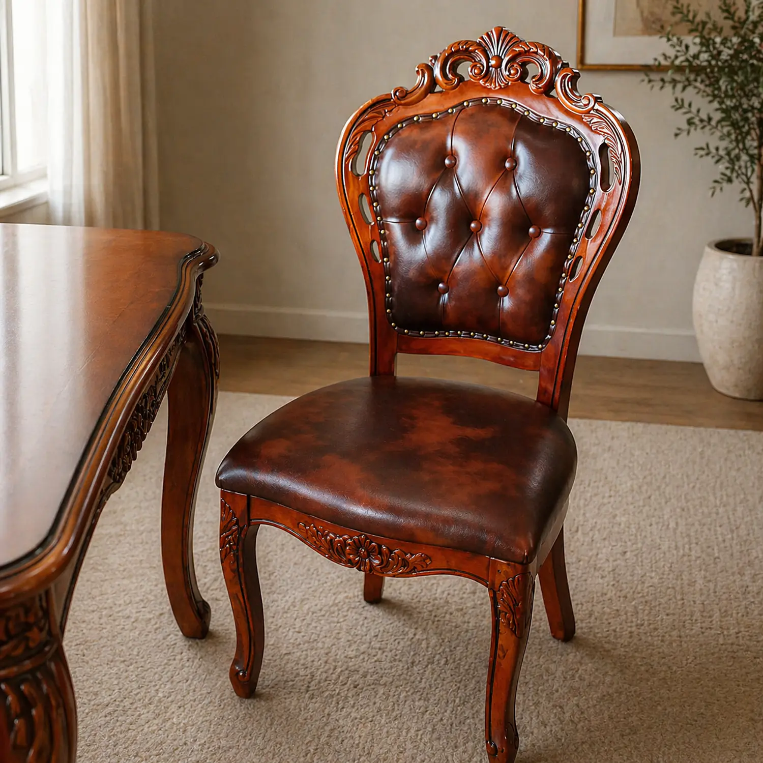 Silla Clásica de Madera Tallada con Tapizado Capitone en Cuero Marrón 2