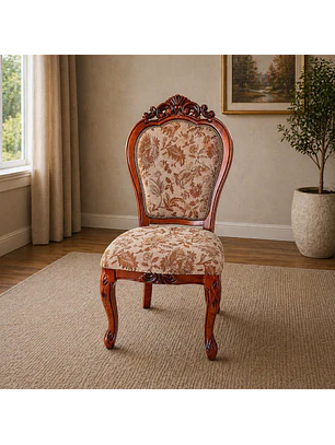 Silla Clásica de Madera Tallada con Tapiz Floral Vintage Elegante