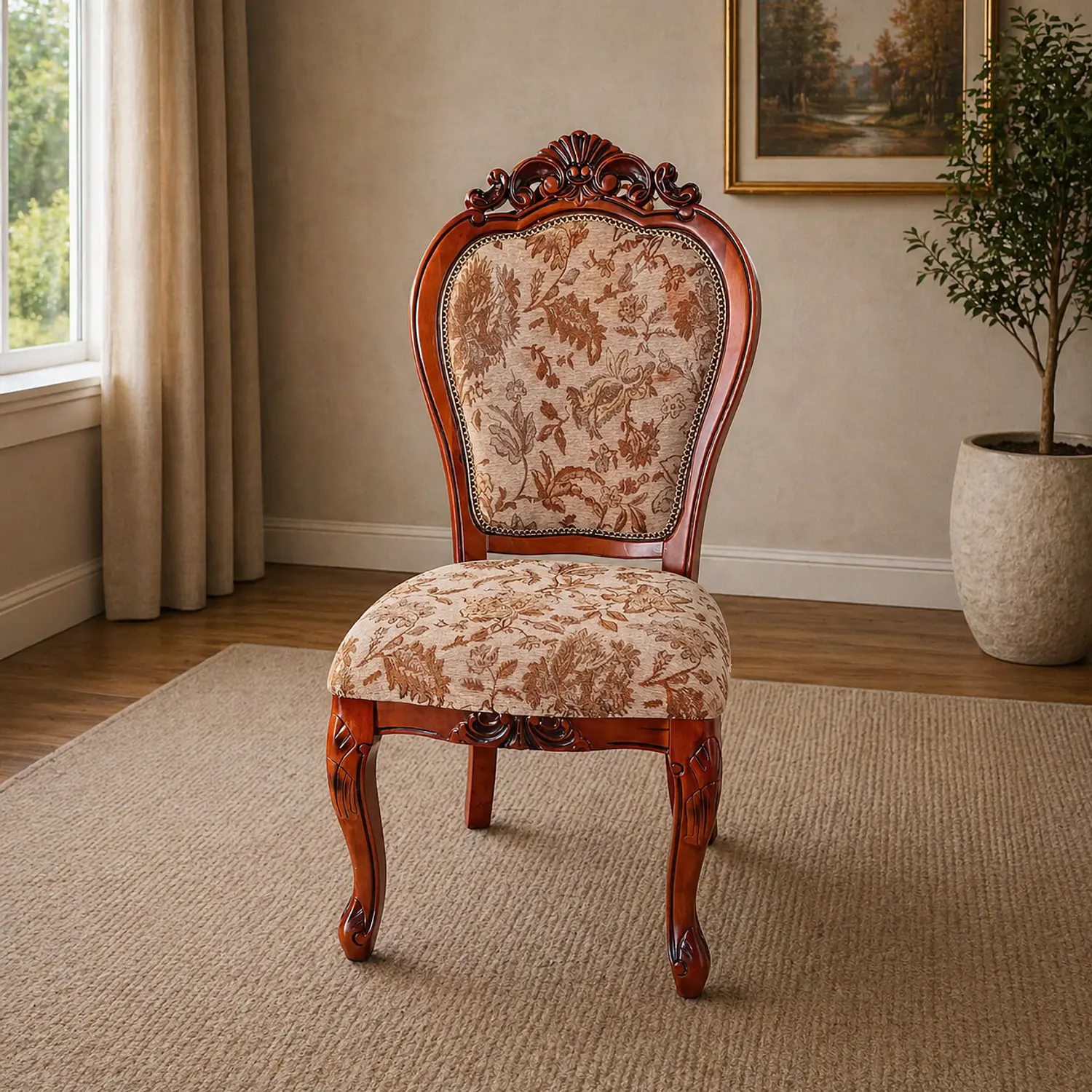 Silla Clásica de Madera Tallada con Tapiz Floral Vintage Elegante 1