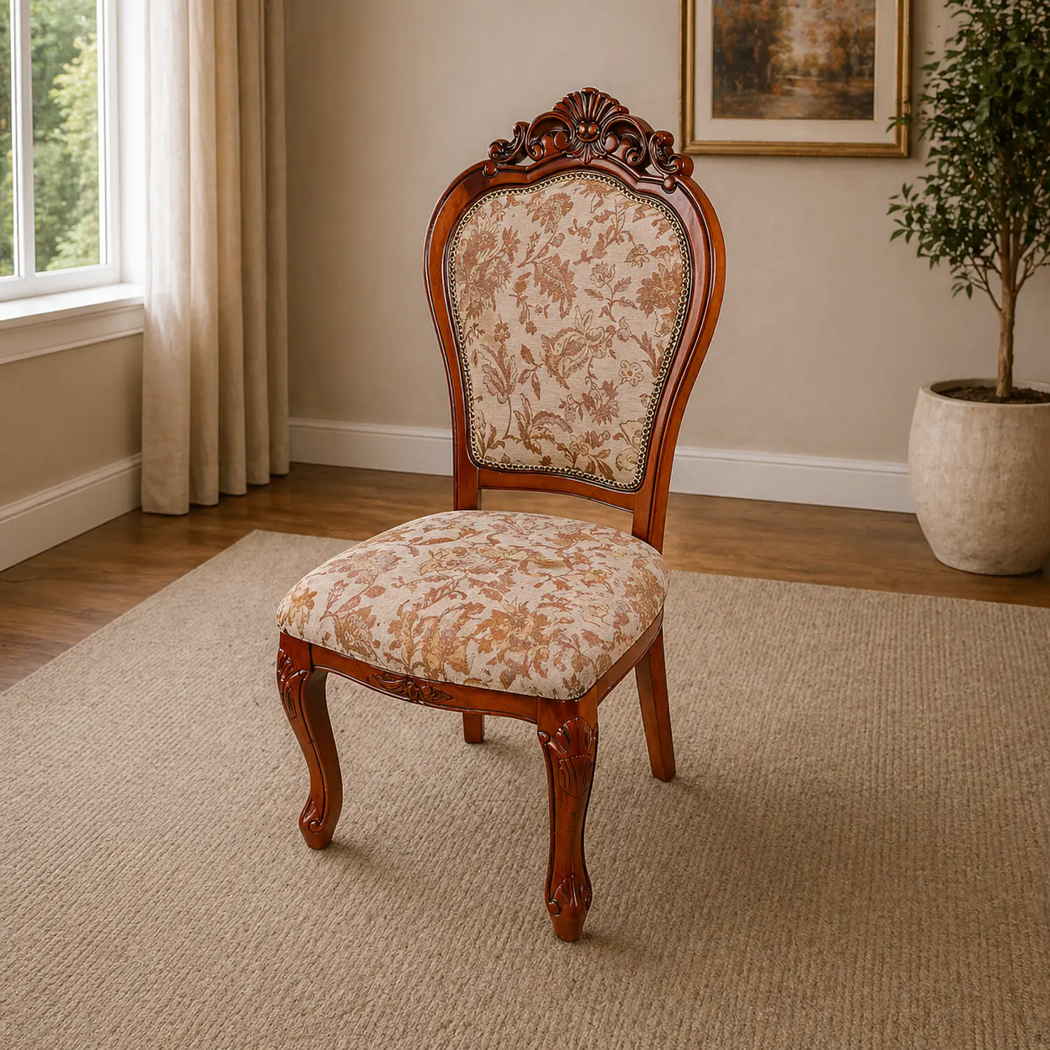 Silla Clásica de Madera Tallada con Tapiz Floral Vintage Elegante 2