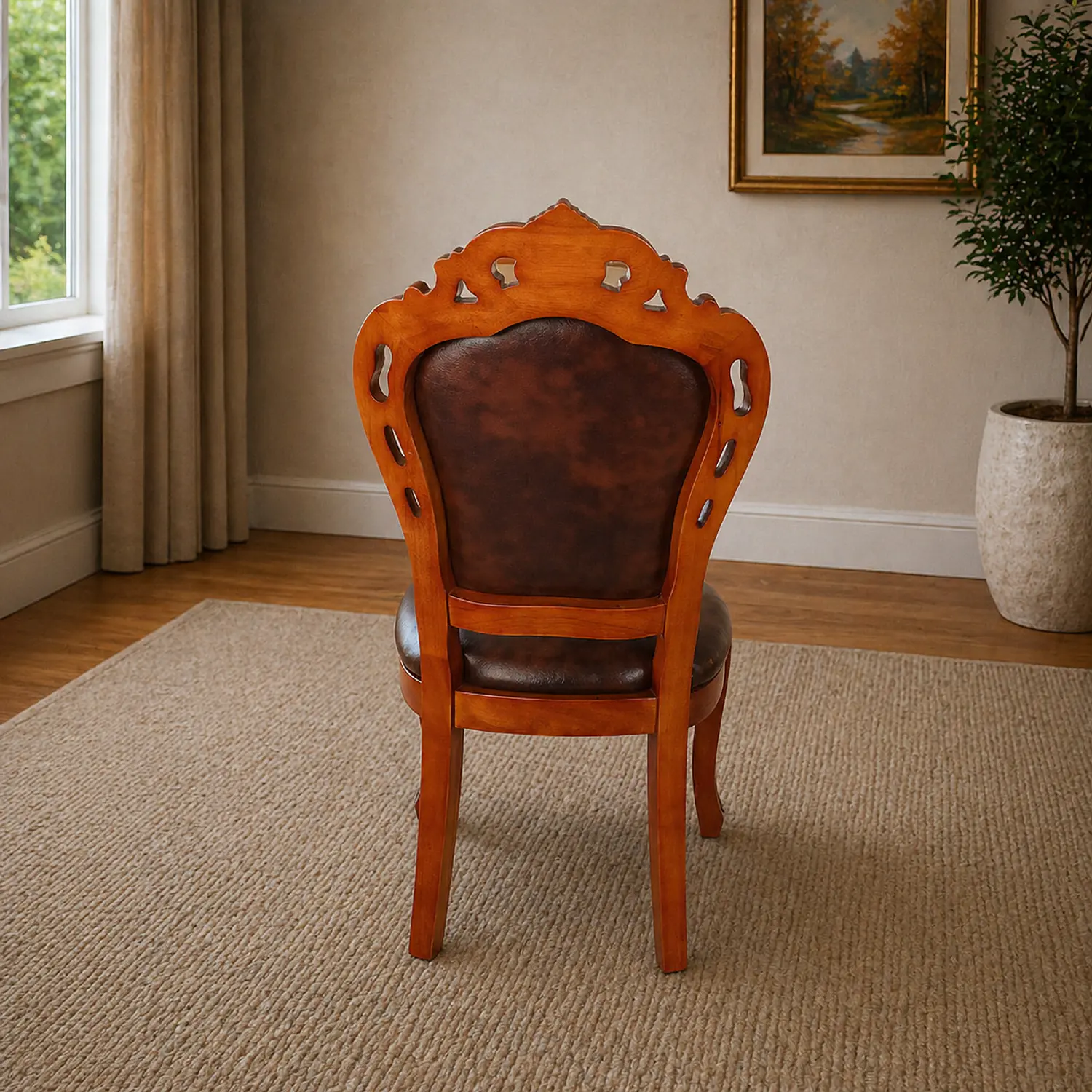 Silla Clásica de Madera Tallada con Eco Cuero Estilo Vintage 2