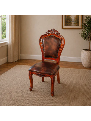 Silla Clásica de Madera Tallada con Eco Cuero Estilo Vintage