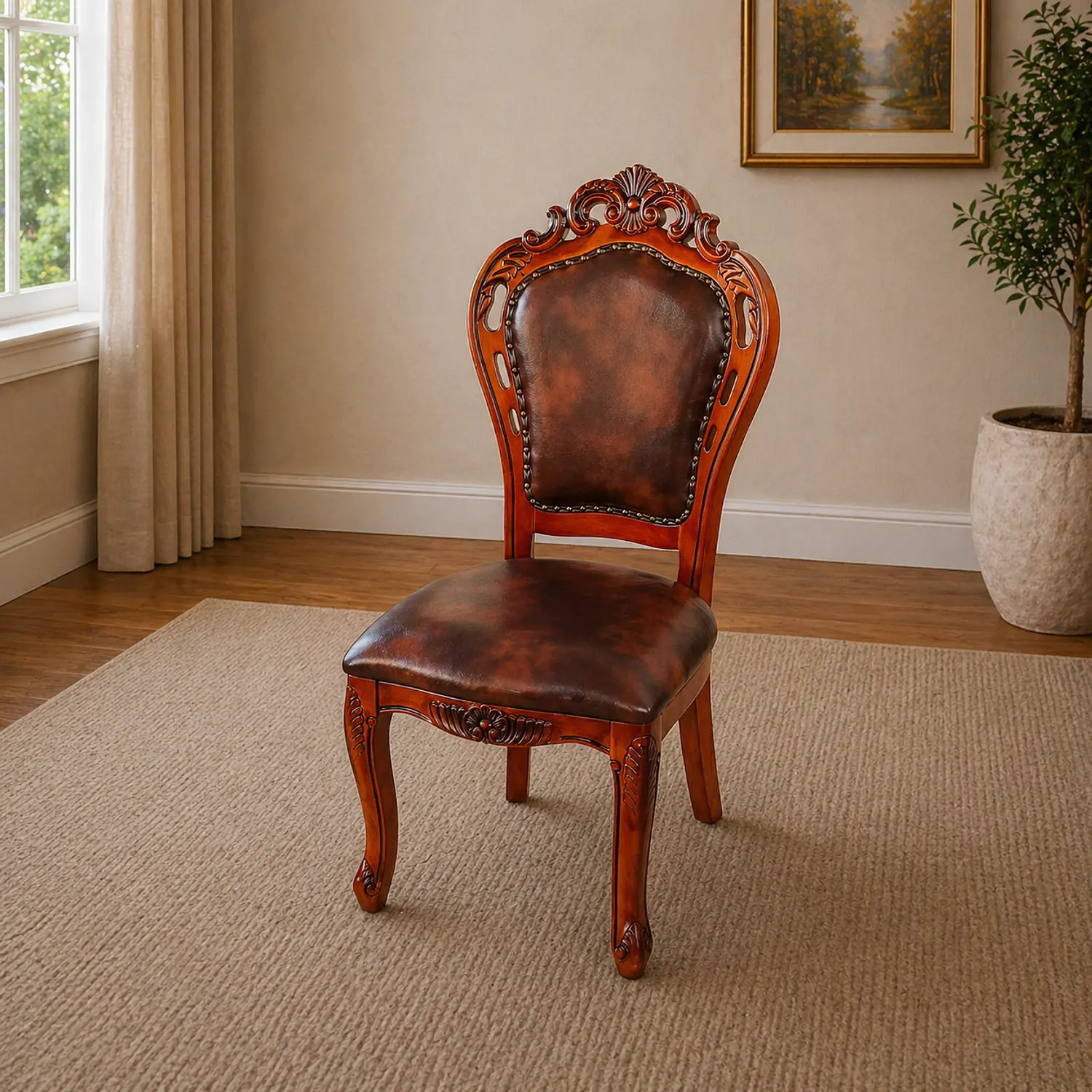 Silla Clásica de Madera Tallada con Eco Cuero Estilo Vintage 1