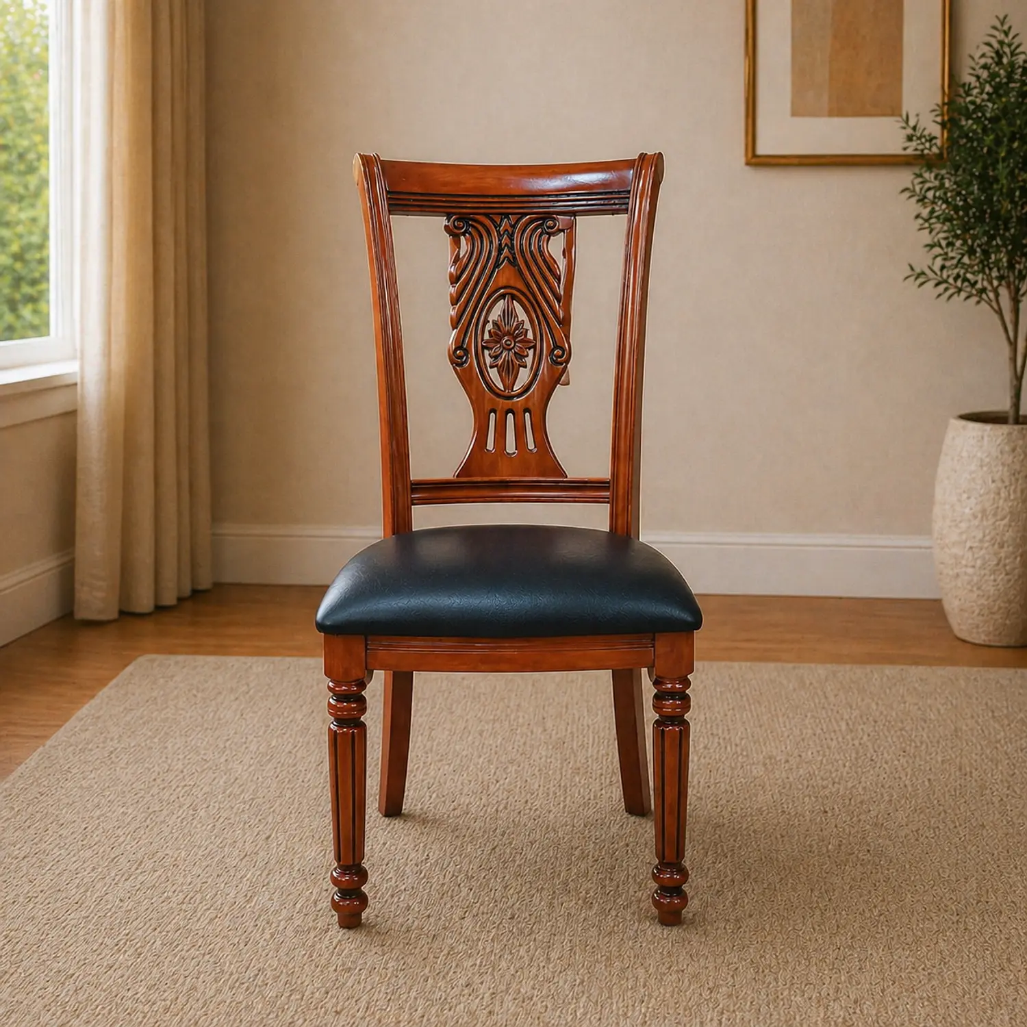 Silla de Madera Clásica Tallada con Asiento Tapizado Eco Cuero 1