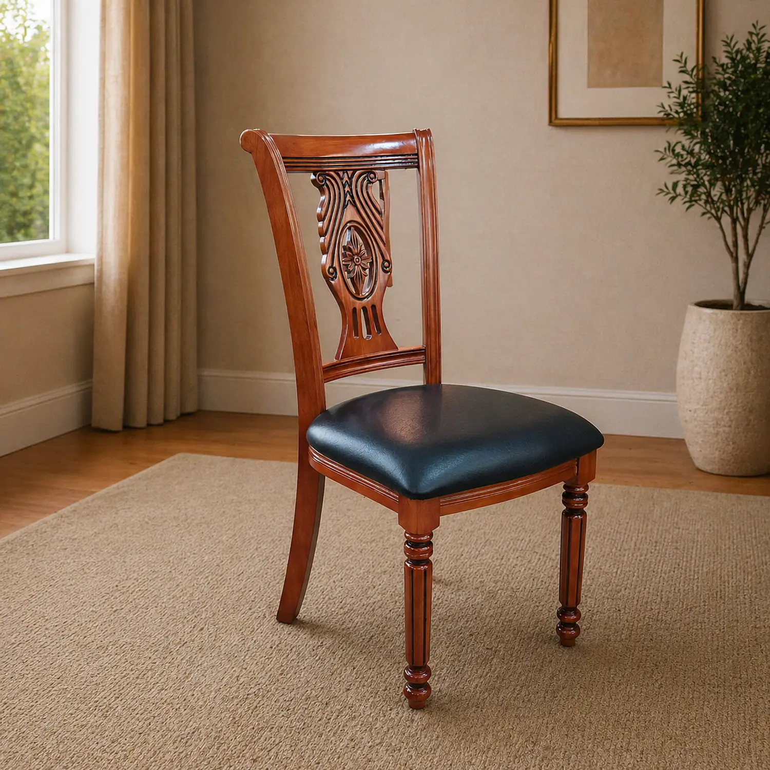 Silla de Madera Clásica Tallada con Asiento Tapizado Eco Cuero 2