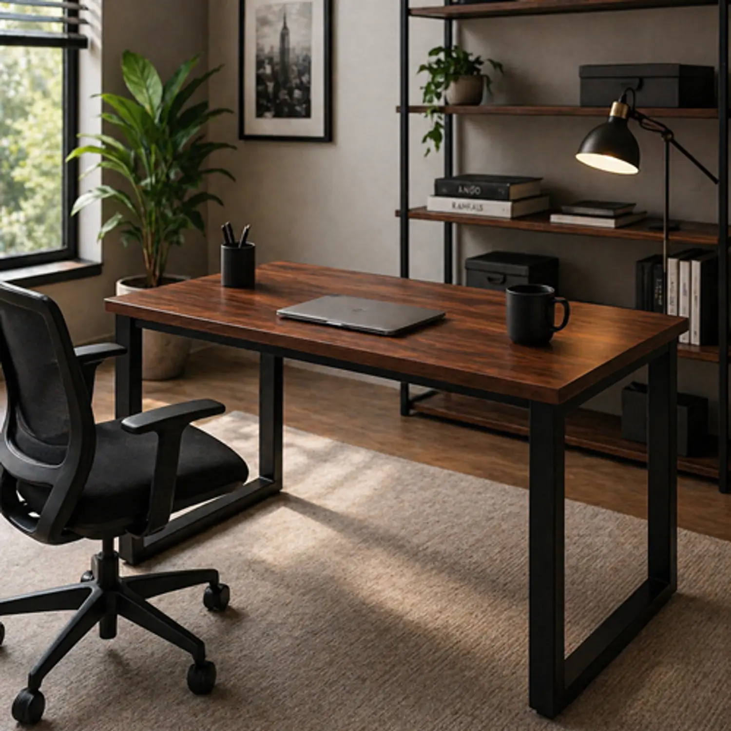 Escritorio para Oficina, Diseño moderno y funcional, minimalista, color Caobo 2