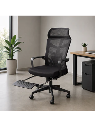 Silla de Escritorio para Oficina Reclinable Ergonómica con Apoya Pies y Malla Negra