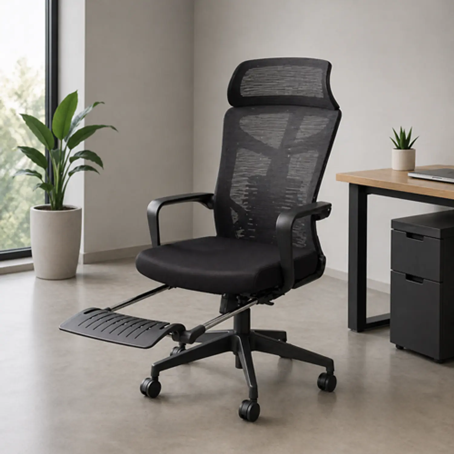 Silla de Escritorio para Oficina Reclinable Ergonómica con Apoya Pies y Malla Negra 1