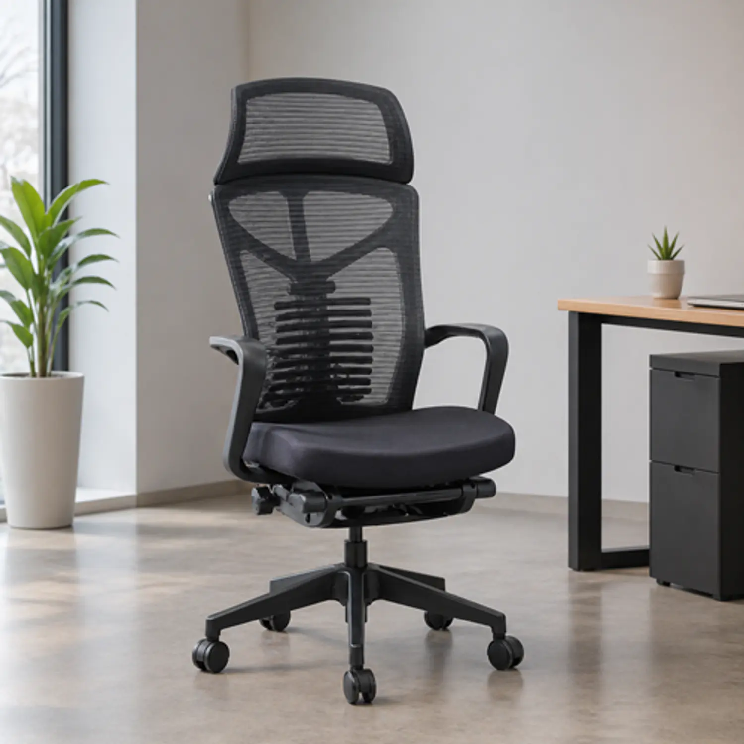 Silla de Escritorio para Oficina Reclinable Ergonómica con Apoya Pies y Malla Negra 2