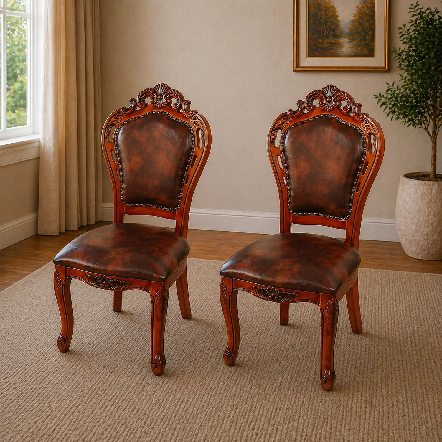 Set 2 Sillas de Madera Clásicas Tapizadas Vintage Cuero Café 1