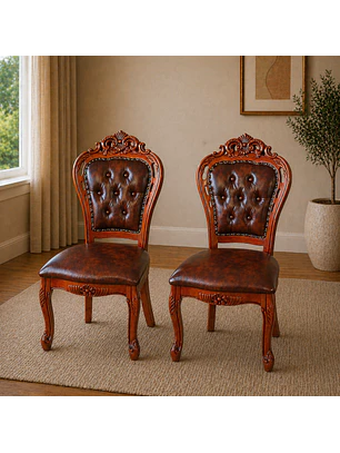 Set 2 Sillas de Madera Clásicas Capitone Cuero Marrón