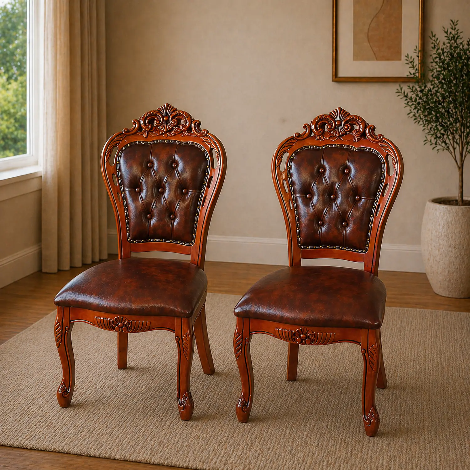 Set 2 Sillas de Madera Clásicas Capitone Cuero Marrón 1