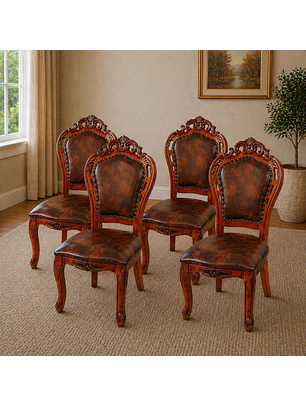 Set 4 Sillas de Madera Clásicas Tapizadas Café Vintage
