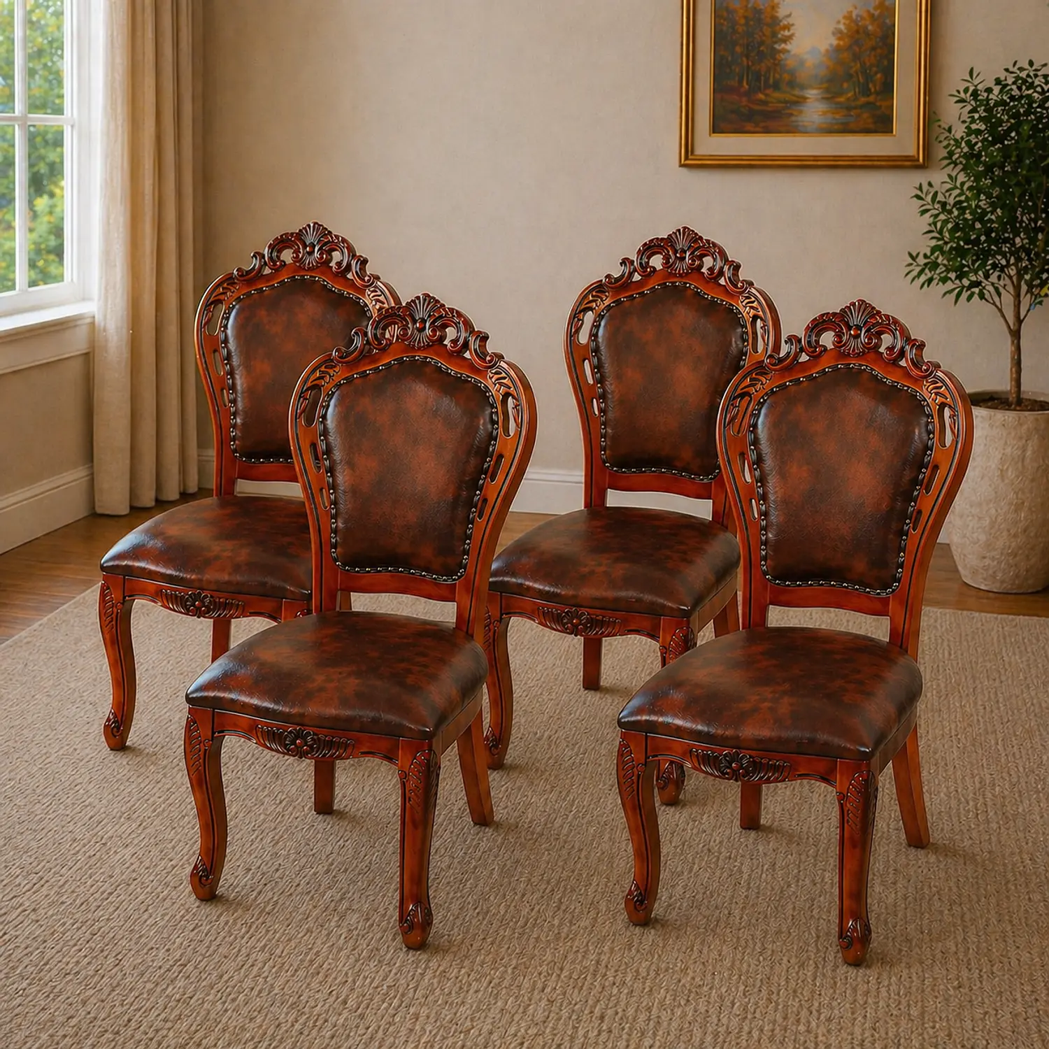 Set 4 Sillas de Madera Clásicas Tapizadas Café Vintage 1