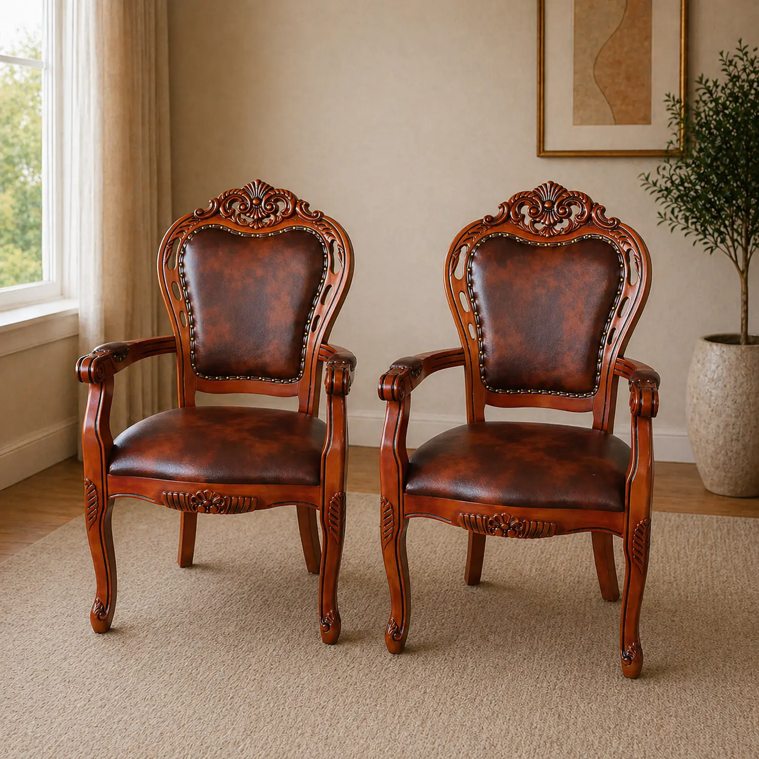 Set 2 Sitiales de Madera Tallada con Ecocuero Café Vintage Clásico 1