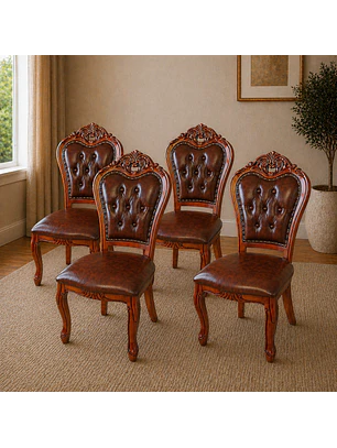 Set 4 Sillas de Madera Clásicas Tapizadas Café Vintage Capitoneadas
