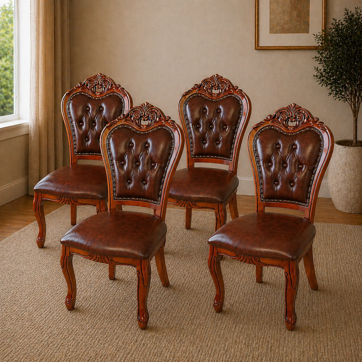 Set 4 Sillas de Madera Clásicas Tapizadas Café Vintage Capitoneadas 1