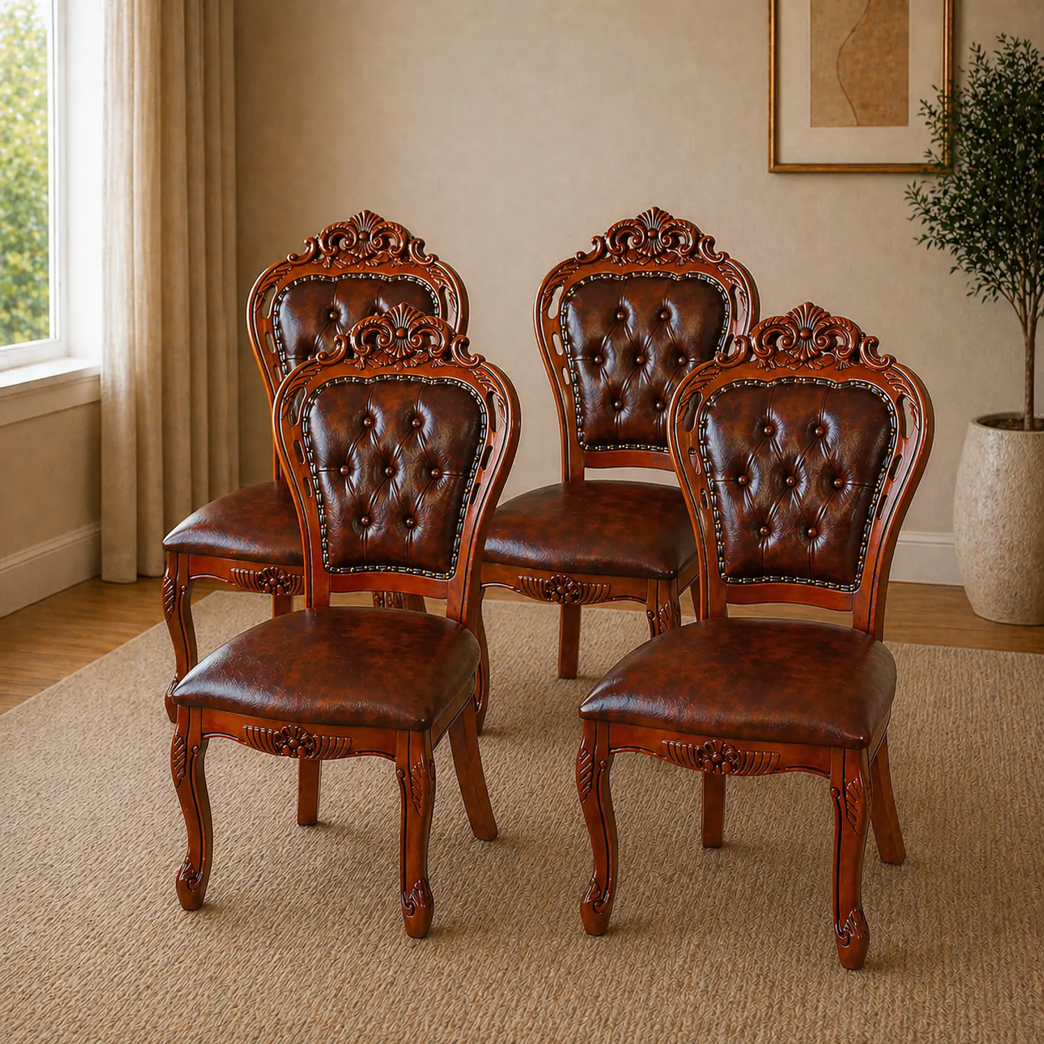 Set 4 Sillas de Madera Clásicas Tapizadas Café Vintage 1