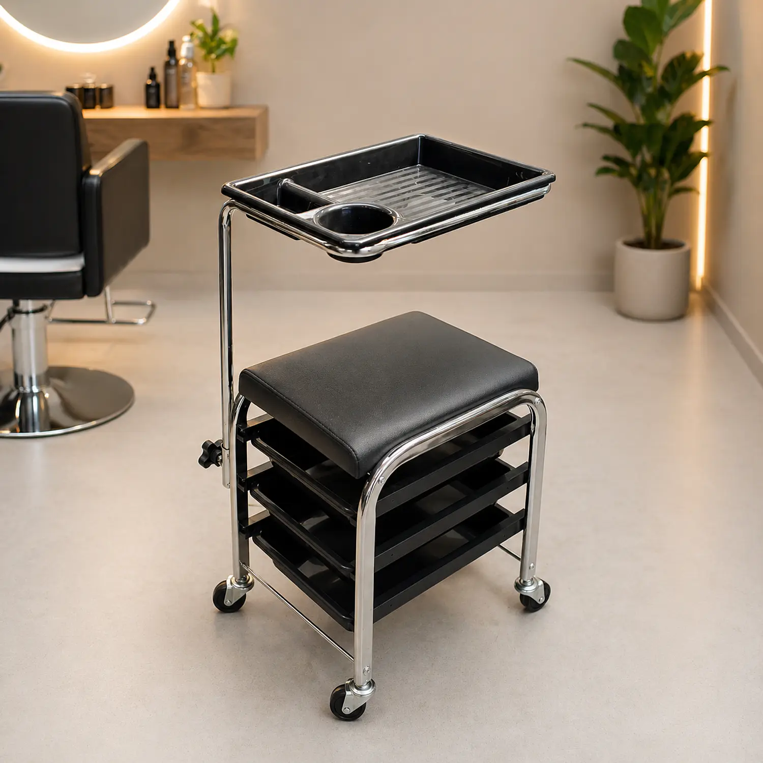 Carrito Peluquería Profesional 4 Bandejas con Ruedas y Porta Herramientas 1