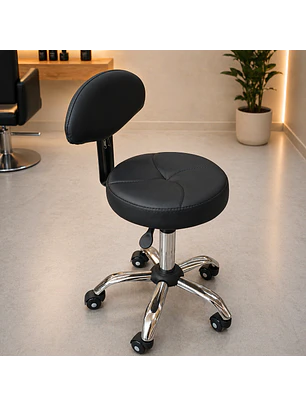 Banquito Barbería Negro con Respaldo Regulable y Ruedas Profesionales