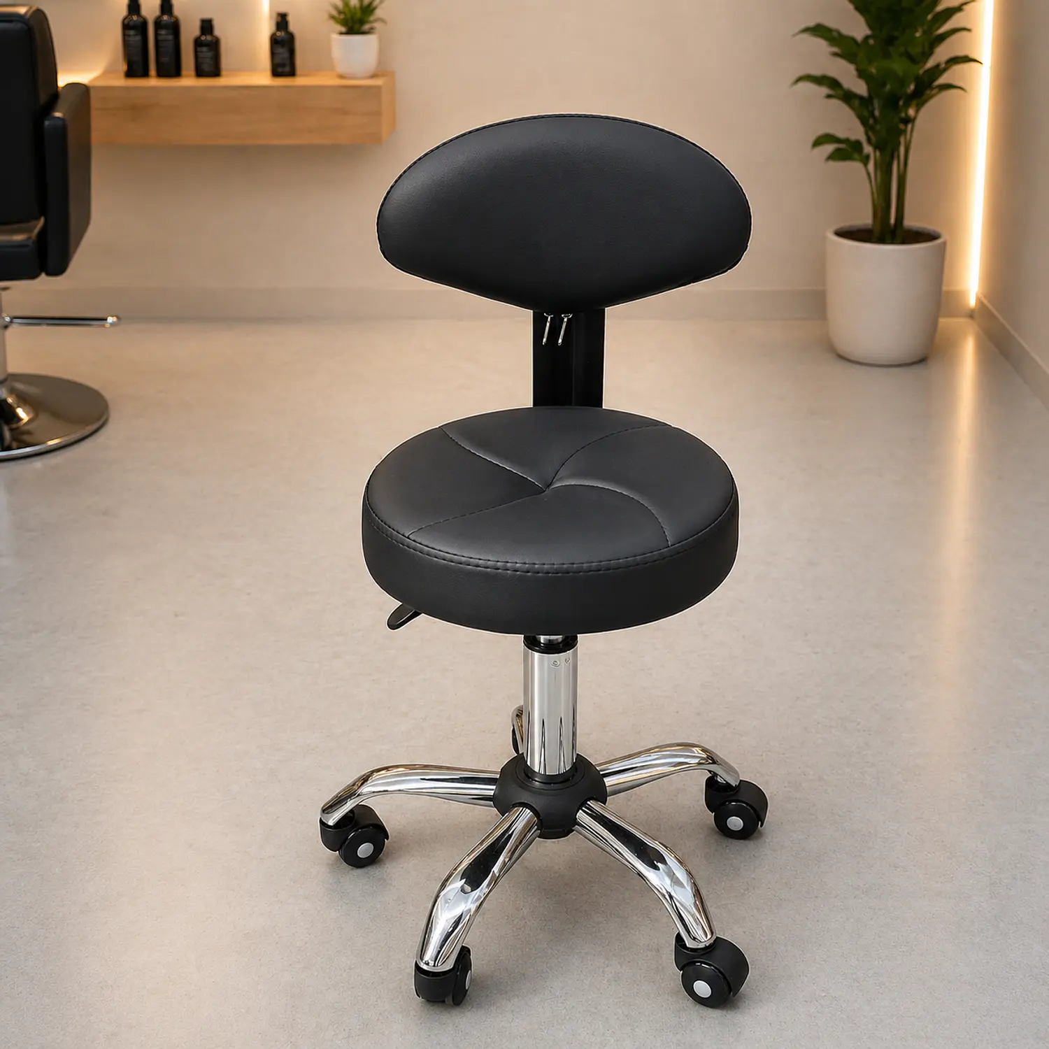 Banquito Barbería Negro con Respaldo Regulable y Ruedas Profesionales 2