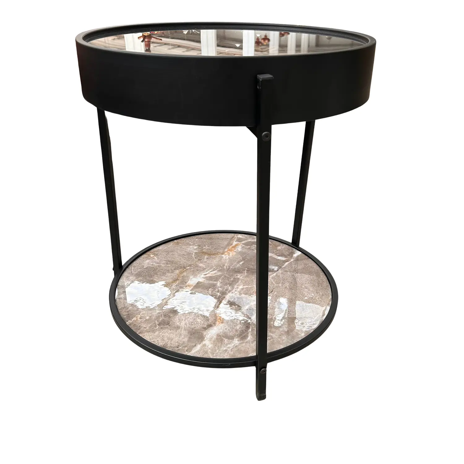 Mesa de Centro Reloj Decorativo con Vidrio y Mármol Negro y Gris 7