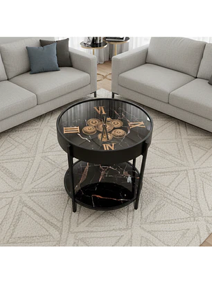 Mesa de Centro Reloj Decorativo con Vidrio y Efecto Mármol Negro y Gris