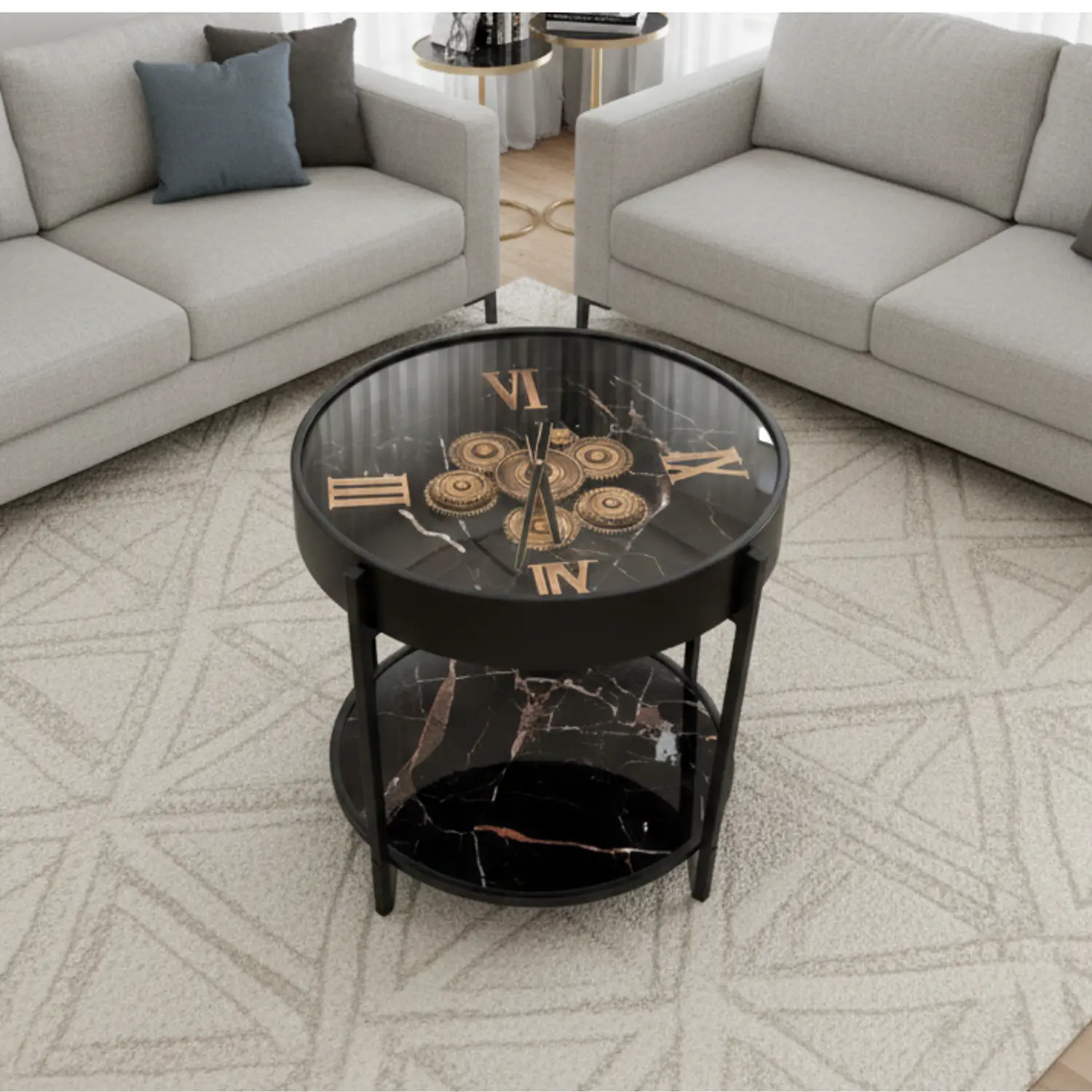 Mesa de Centro Reloj Decorativo con Vidrio y Mármol Negro y Gris 1